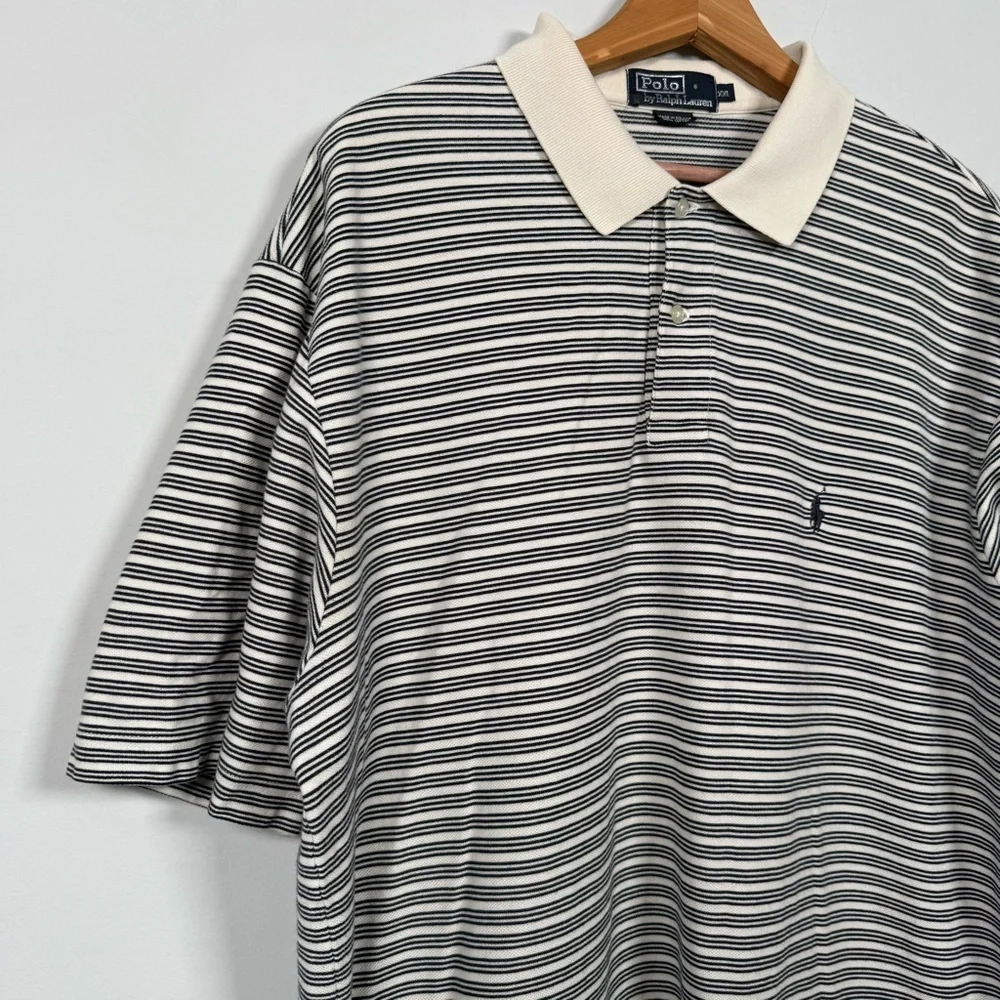 Ralph Lauren Men's Navy and Creme Striped Polo Shirt, 100% Cotton, Size XXL